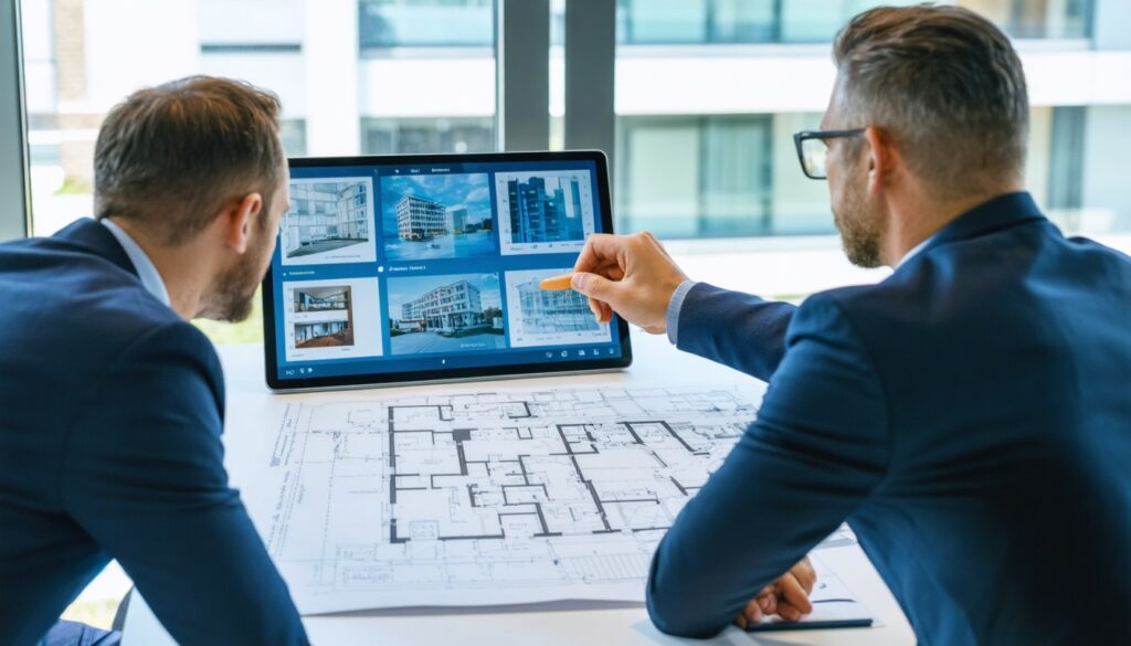 Consultant bespreekt betononderhoud met gebouweigenaar aan tafel met plattegronden