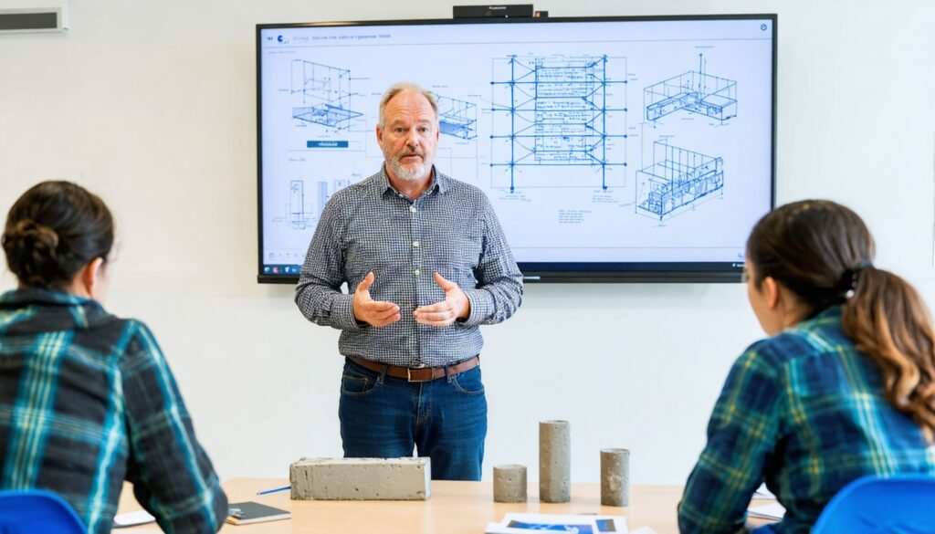 Docent geeft uitleg over betonreparatie in een trainingsruimte met cursisten